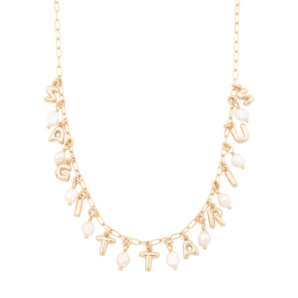 NWT LUNA NORTE Sagittarius Gold Tone Astrology Pearl Letter Necklace w/ Gift Box